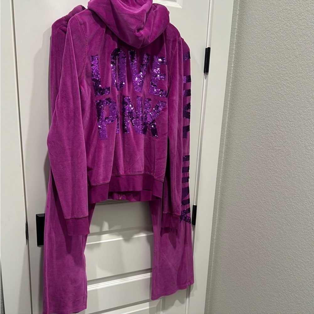 L Vintage VS PINK Pink Velour Sequin Hoodie and Pants Set